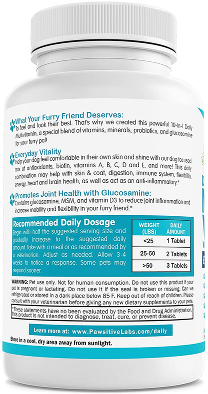 PAWSITIVE LABS 10 in 1 Dog Multivitamin with Glucosamine, D3, MSM to Help Reduce Joint Inflammation and Increase Immune System, Mobility and Flexibility – All-in-One Daily Dog Vitamin and Supplement