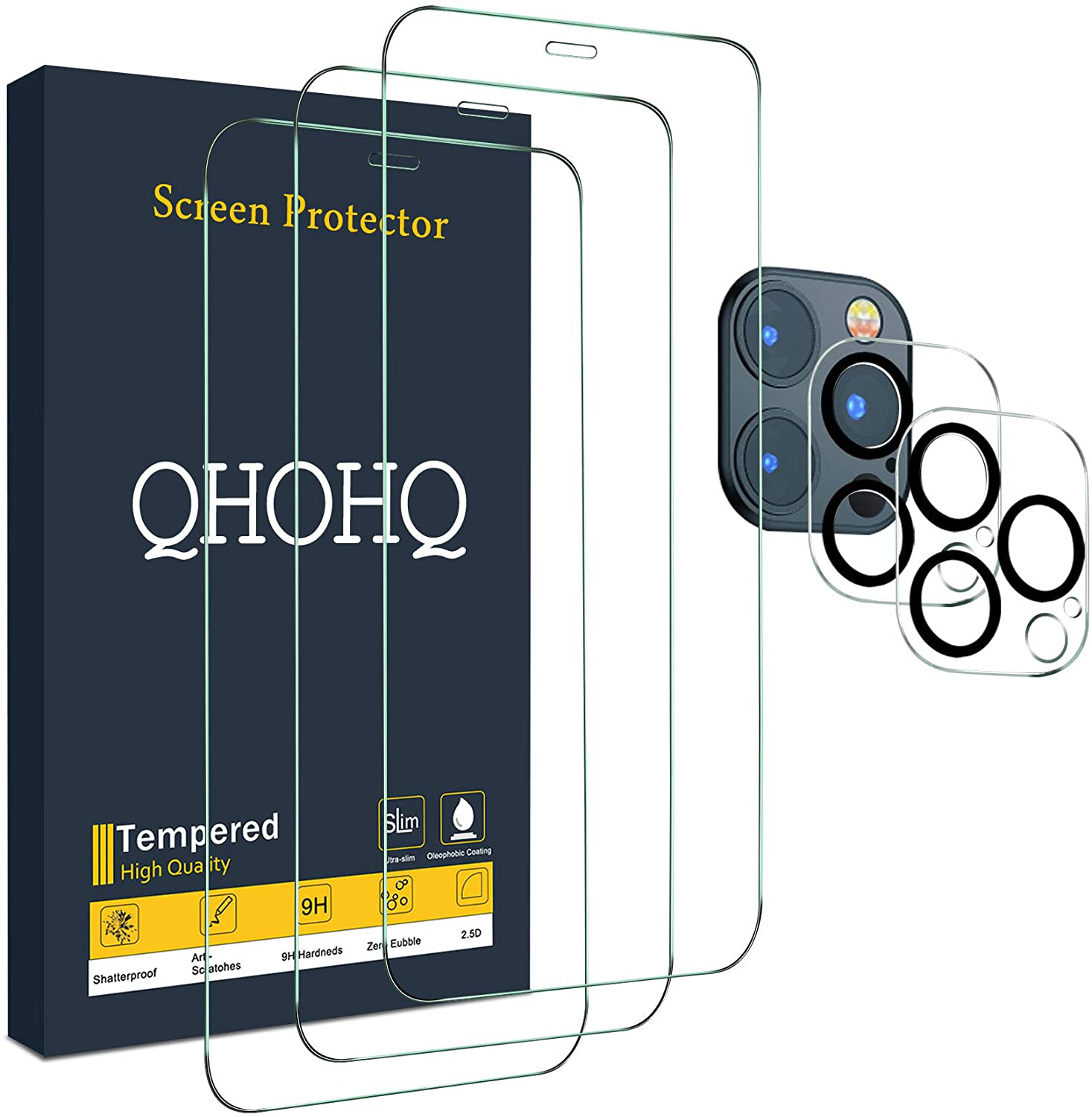 QHOHQ 3 Pack Screen Protector for iPhone 12 Pro Max [6.7”] with 2 Packs Tempered Glass Camera Lens Protector, Tempered Glass Film, 9H Hardness - HD - 2.5D Edge - Bubble Free - Scratch Resistant