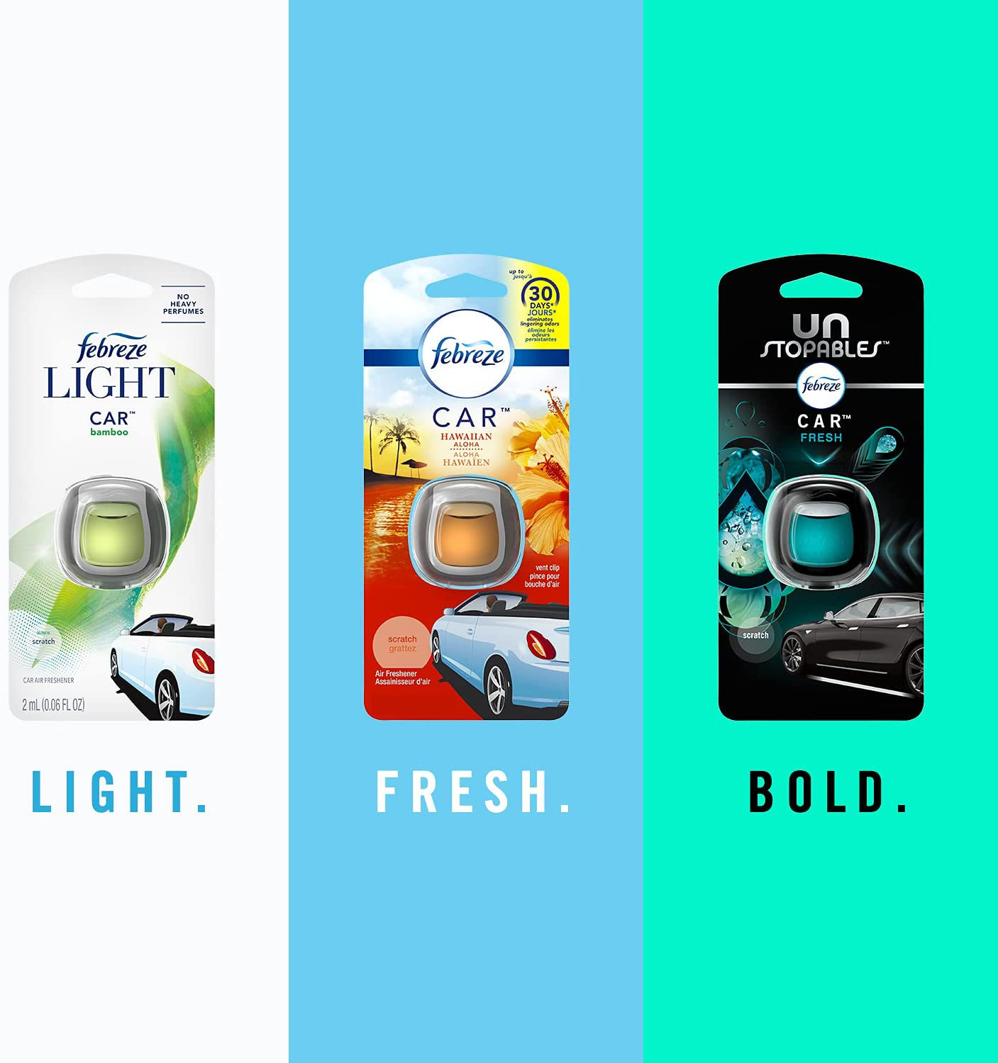 Febreze Unstopables Car Air Freshener, Odor Eliminator for Strong Odors, Vent Clip Fresh, .07 Fl Oz., 3 Count