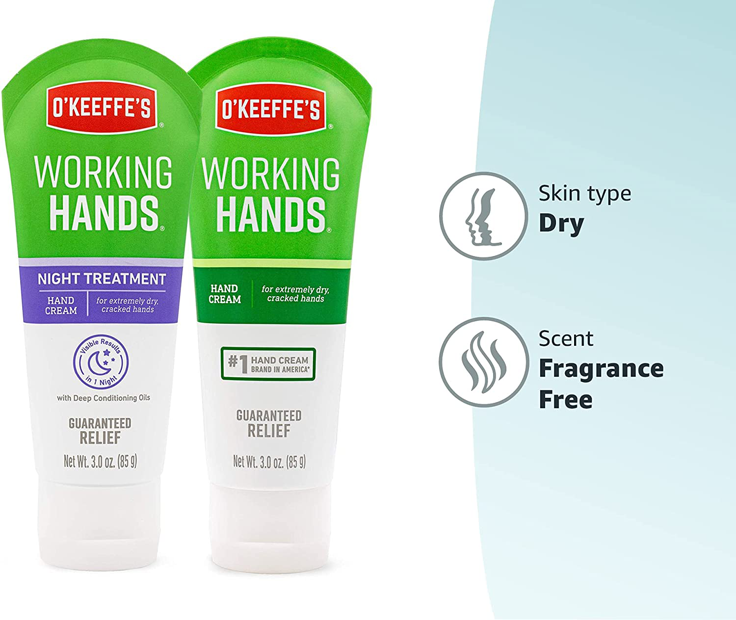 O'Keeffe's Working Hands Hand Cream, 3 Oz Tube and Night Treatment Hand Cream, White, 103002