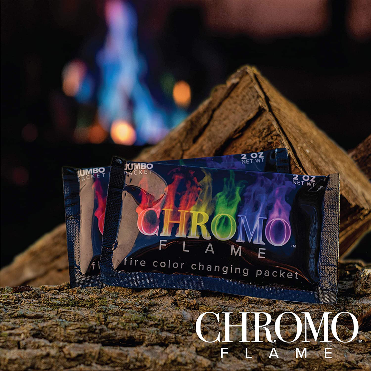 CHROMO FLAME Fire Color Changing Packets for Fire Pit, Campfire, Bonfire, Outdoor Fireplace | Magic, Colorful, Rainbow, Mystic Flames | 4 oz Total, 2-2 oz Jumbo Packets