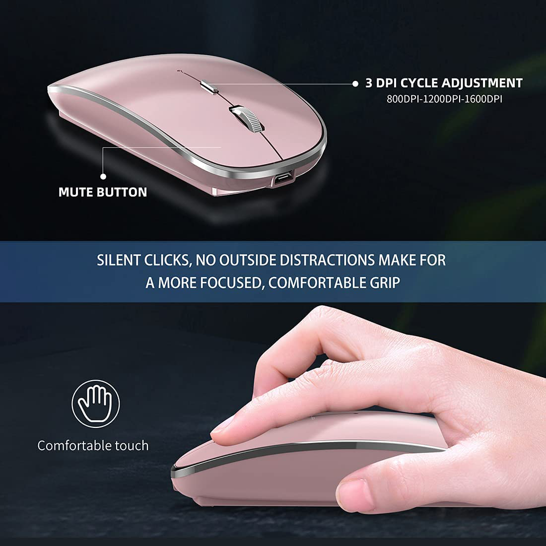 Halpilt Wireless Mouse Rechargeable, Portable, Silent Click USB-A Type-C Dual Mode 3 Adjustable DPI Business Office Leisure Home Small Mouse (Q23S Rose Gold)