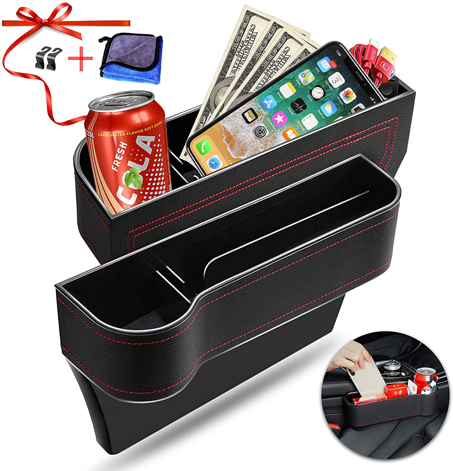 2 Pack Multifunctional Car Seat Organizer with Cup Holders 2 Seat Hooks for Drink