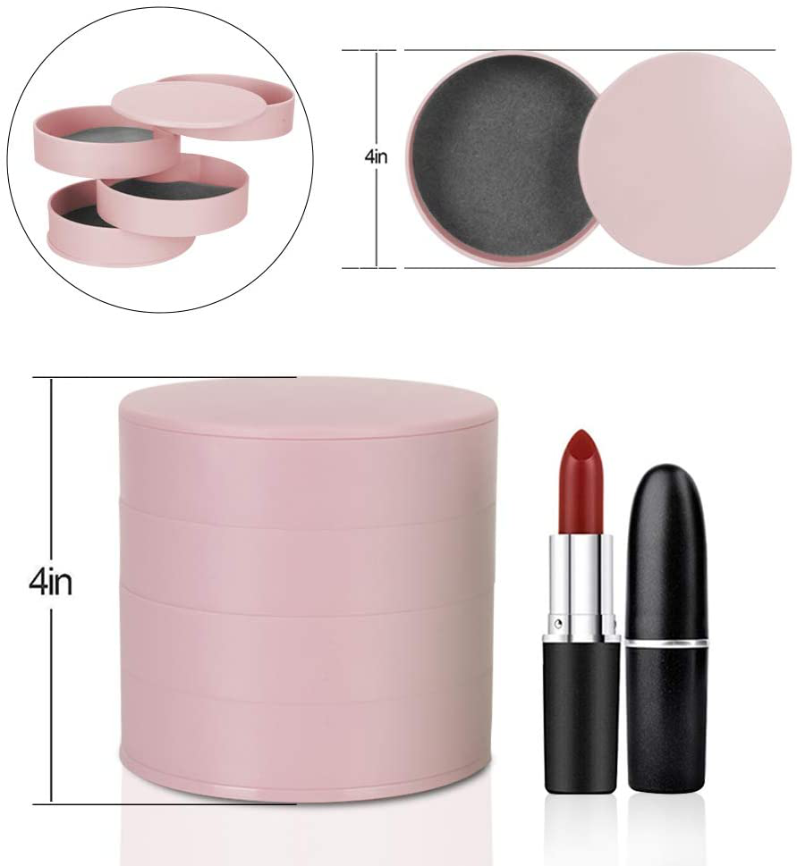CONBOLA Jewelry Organizer, Small Jewelry Storage Box Earring Holder for Women, 4-Layer Rotating Travel Jewelry Tray Case with Lid for Bracelets Rings Bracelets (Pink)