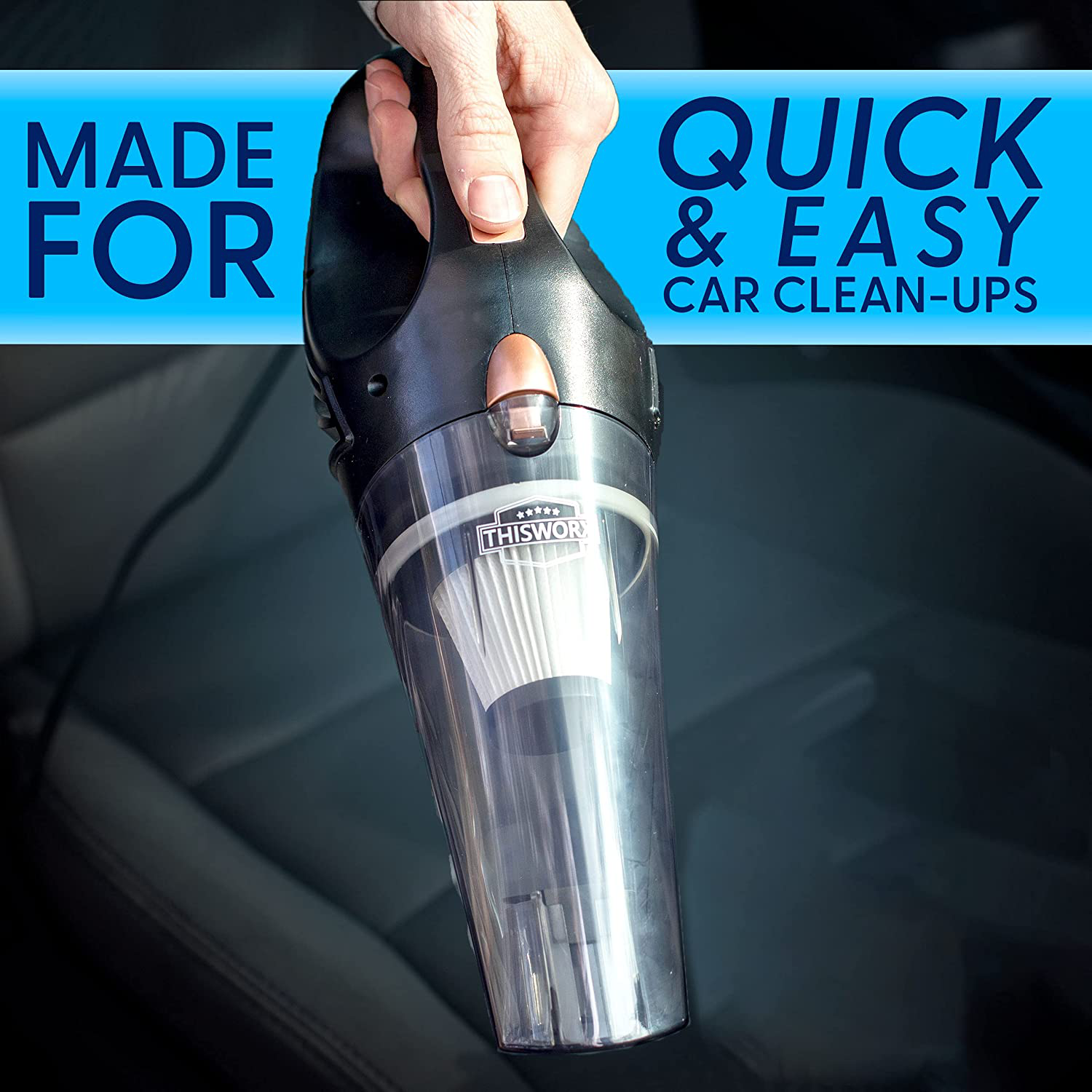 THISWORX Car Vacuum Cleaner - Portable, High Power, Handheld Vacuums w/ 3 Attachments, 16 Ft Cord & Bag - 12v, Auto Accessories Kit for Interior Detailing - Black