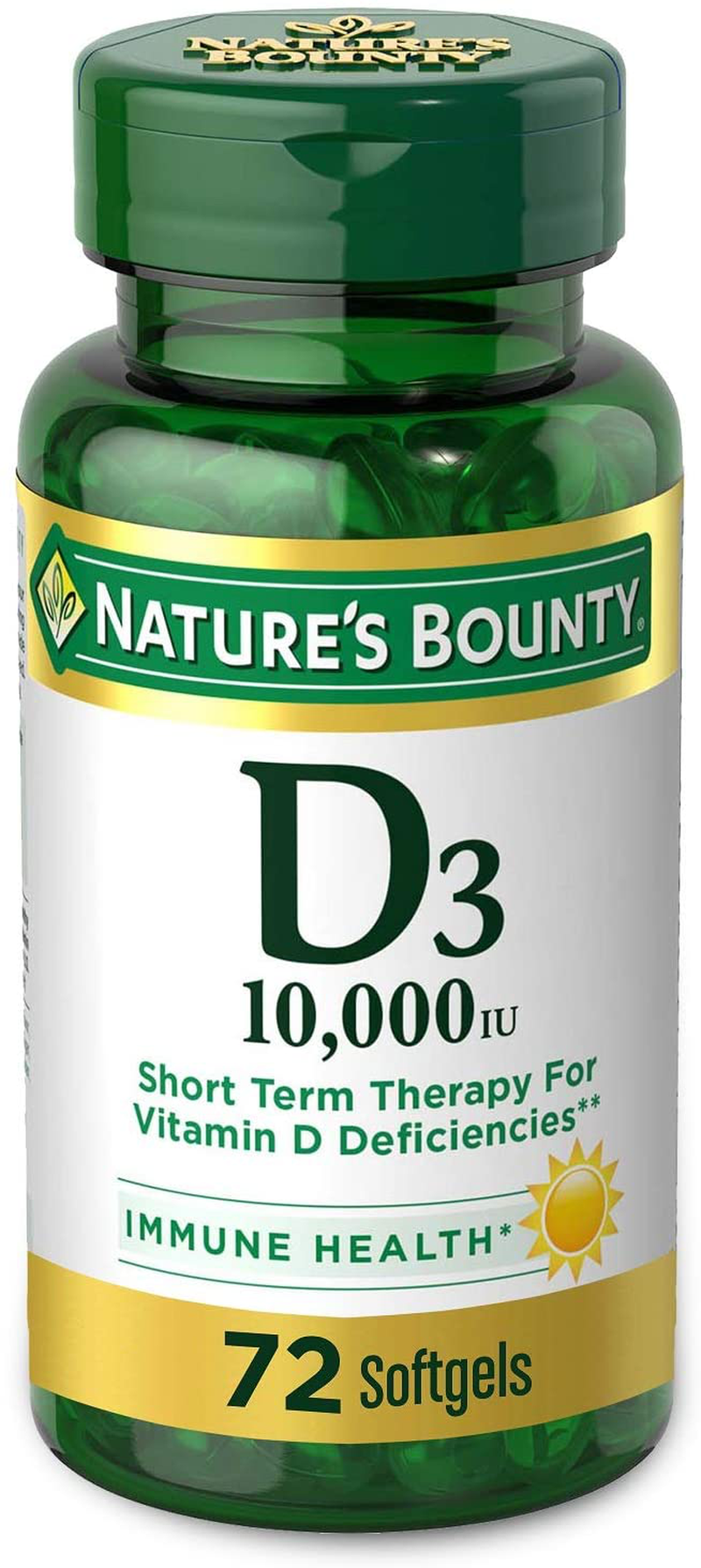 Nature's Bounty Vitamin D for Immune Support and Promotes Healthy Bones, 10000IU, Softgels, Multi-Color, 10,000 IU, 72 Count (Pack of 1)