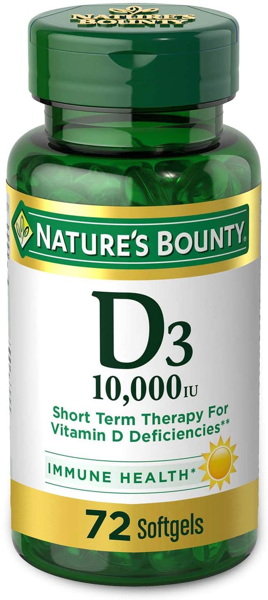 Nature's Bounty Vitamin D for Immune Support and Promotes Healthy Bones, 10000IU, Softgels, Multi-Color, 10,000 IU, 72 Count (Pack of 1)