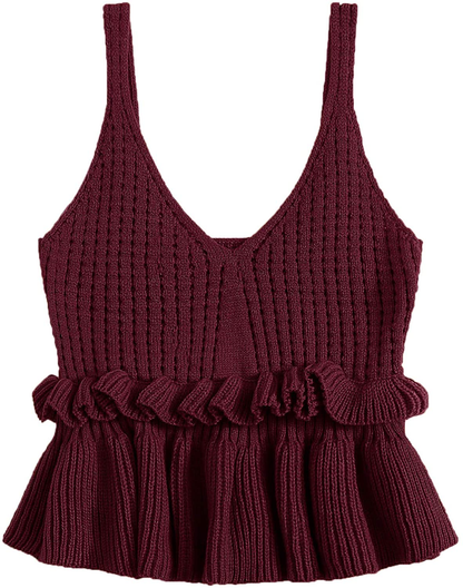 SweatyRocks Women's Casual Knit Top Sleeveless Ruffle Hem V Neck Peplum Crop Tank Top