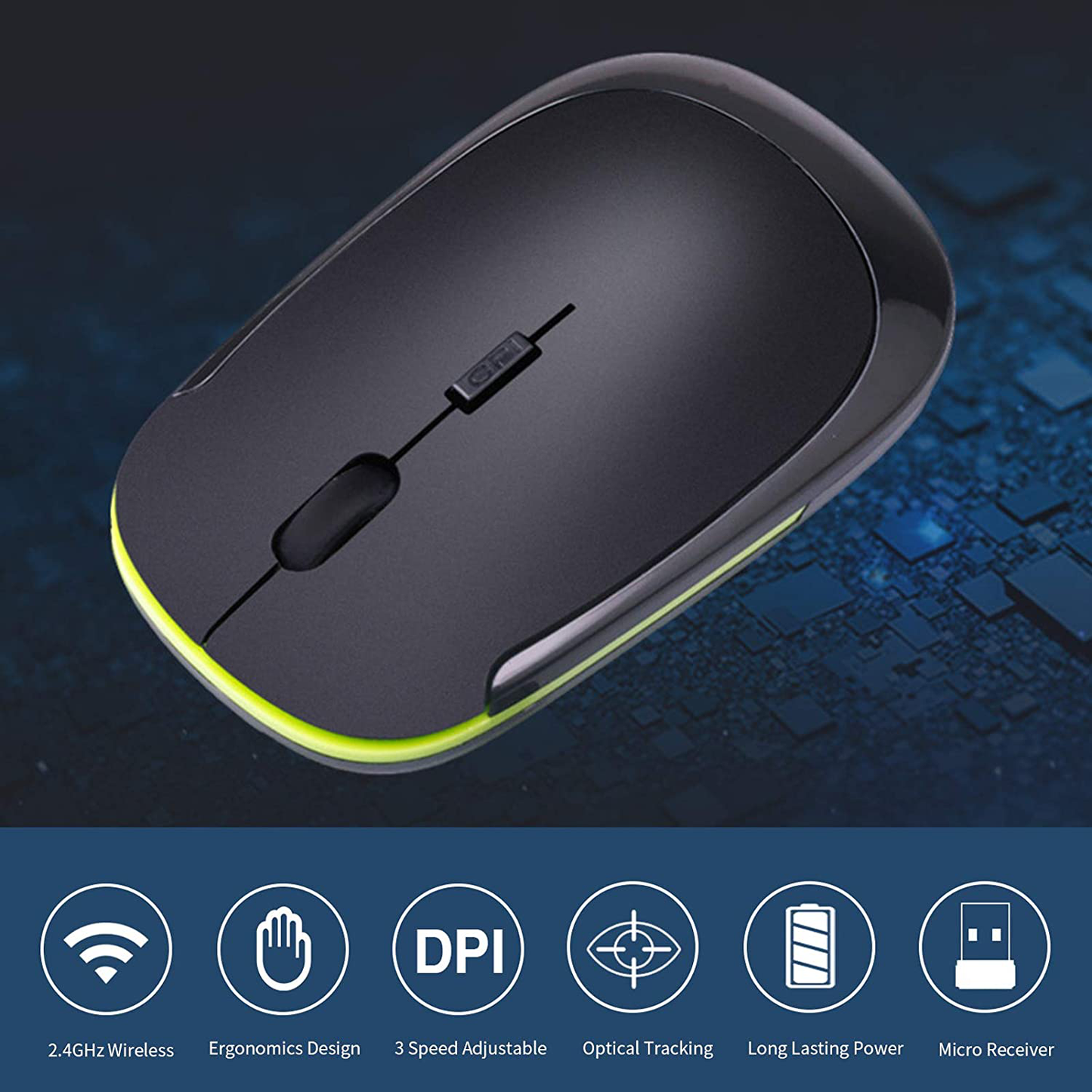 Wireless Mouse 2.4G Wreless Frequency Hopping Adjustable Optical USB Receiver Notebook Computer Accessories 1600dpi Silent Micro Motion Design Lightweight and Portable(Black)