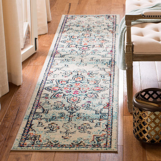 Safavieh Madison Collection MAD473B Boho Chic Medallion Distressed Non-Shedding Stain Resistant Living Room Bedroom Runner, 2'2" x 10' , Cream / Blue