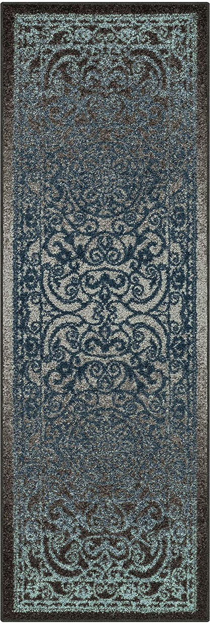 Maples Rugs Pelham Vintage Runner Rug Non Slip Washable Hallway Entry Carpet [Made in USA], 1'8 x 5, Charcoal/Radiant Blue