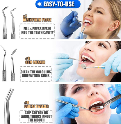 Dental Tools, 10 Pack Professional Plaque Remover Teeth Cleaning Tools Set, Stainless Steel Oral Care Hygiene Kit with Metal Plaque Cleaner, Tartar Scraper, Tooth Scaler, Tongue Scraper - with Case
