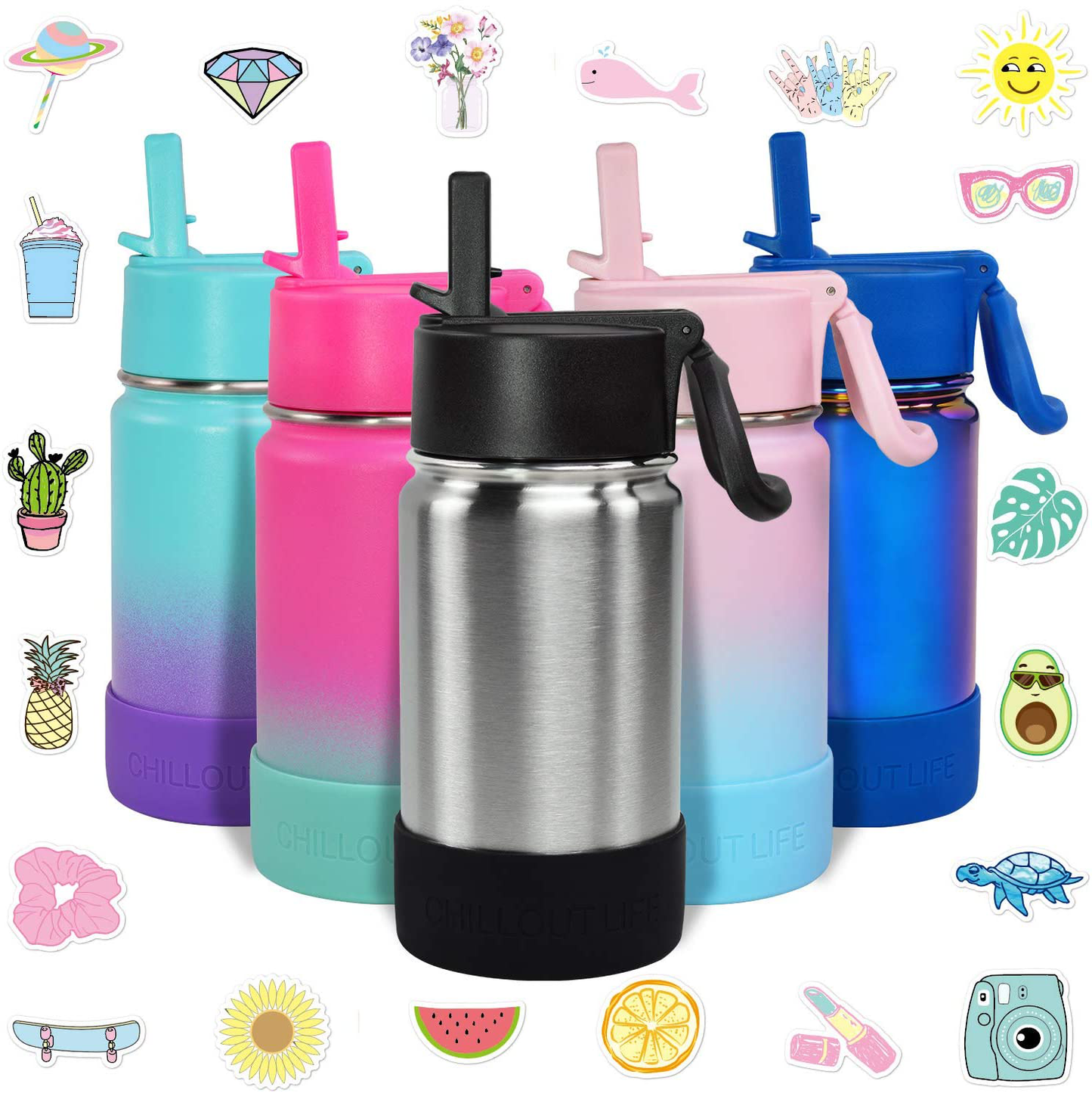 CHILLOUT LIFE 17 oz Insulated Water Bottle with Straw Lid for Kids and Adult + 20 Cute Waterproof Stickers - Perfect for Personalizing Your Kids Metal Water Bottle