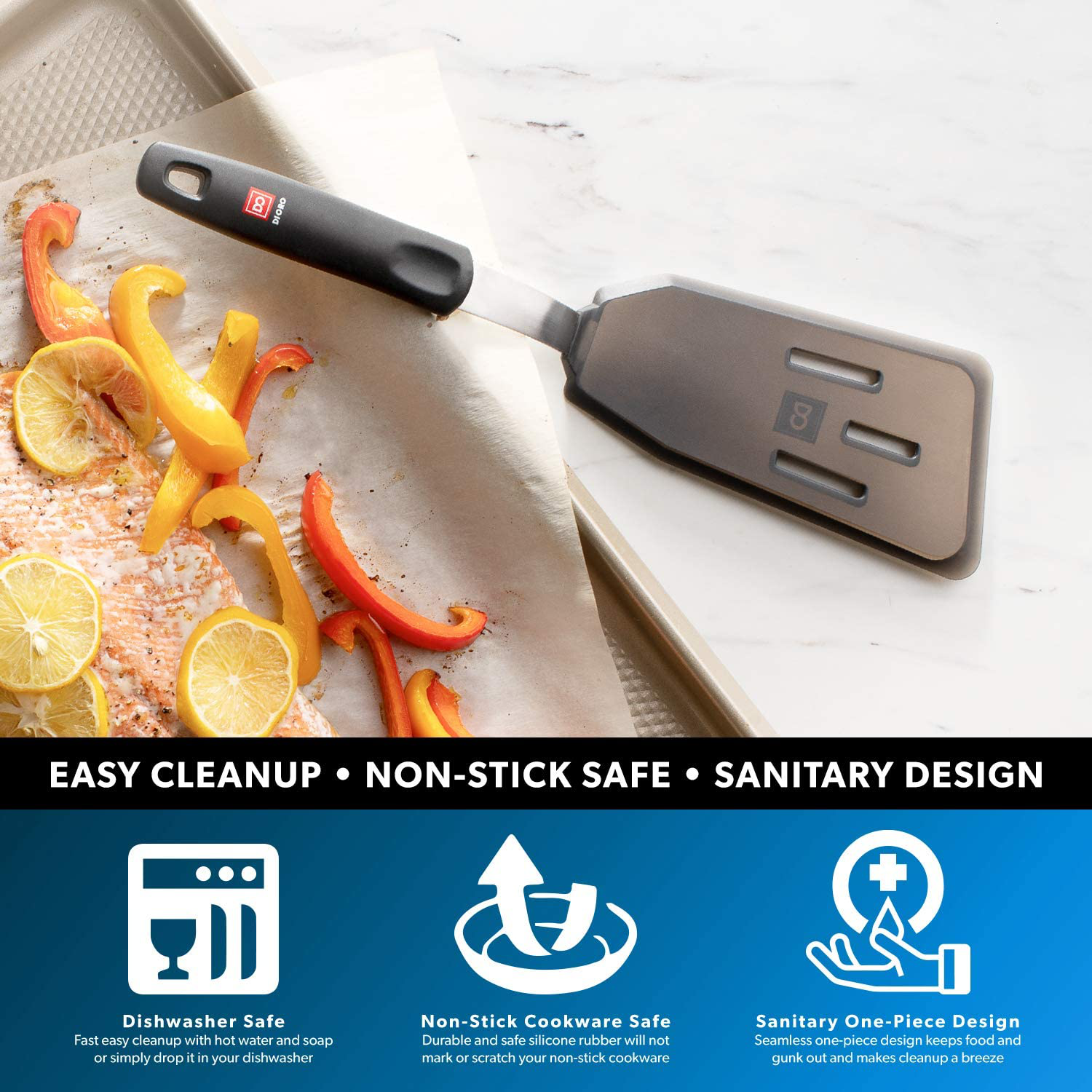 New DI ORO Designer Series Elite 3-Piece Turner Spatula Set - 600F Heat-Resistant Rubber Silicone Spatulas - Includes Slotted Fish, Omelet, and Wide Slotted Turners - LFGB Certified and BPA Free