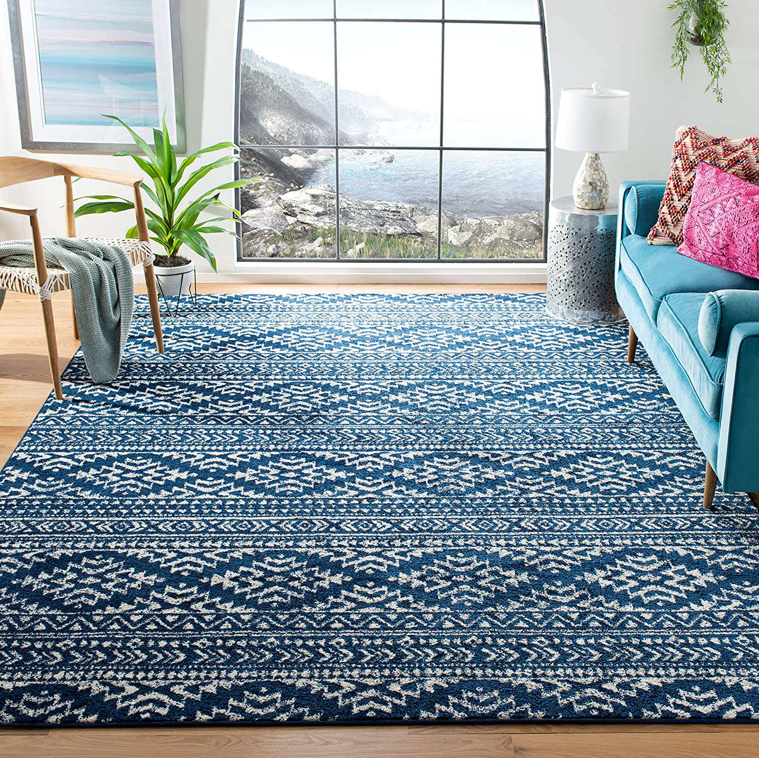 Safavieh Tulum Collection TUL272D Moroccan Boho Tribal Non-Shedding Stain Resistant Living Room Bedroom Runner, 2' x 19' , Ivory / Navy