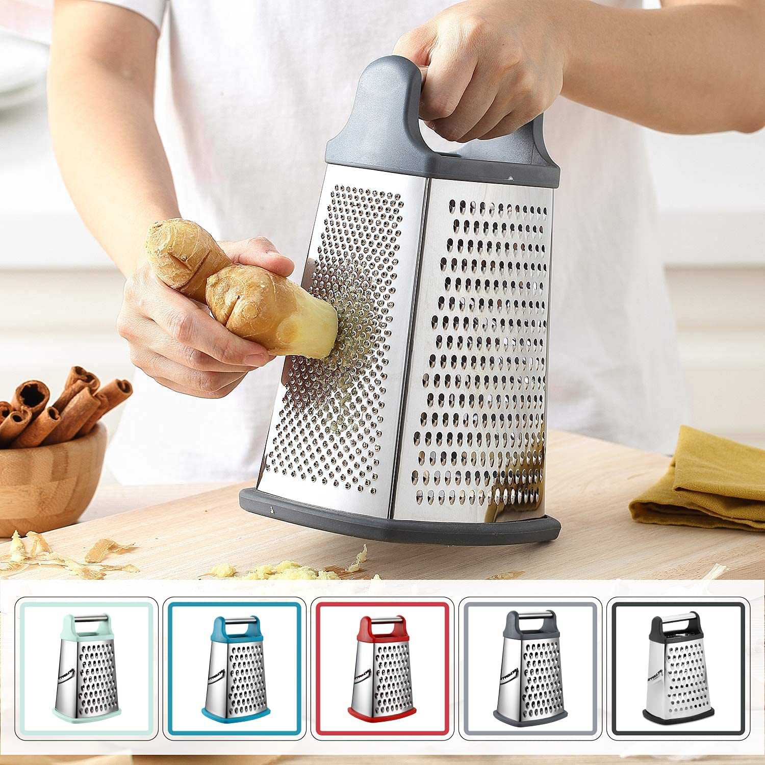 Spring Chef Professional Box Grater, Stainless Steel with 4 Sides, Best for Parmesan Cheese, Vegetables, Ginger, XL Size, Pink Lemonade