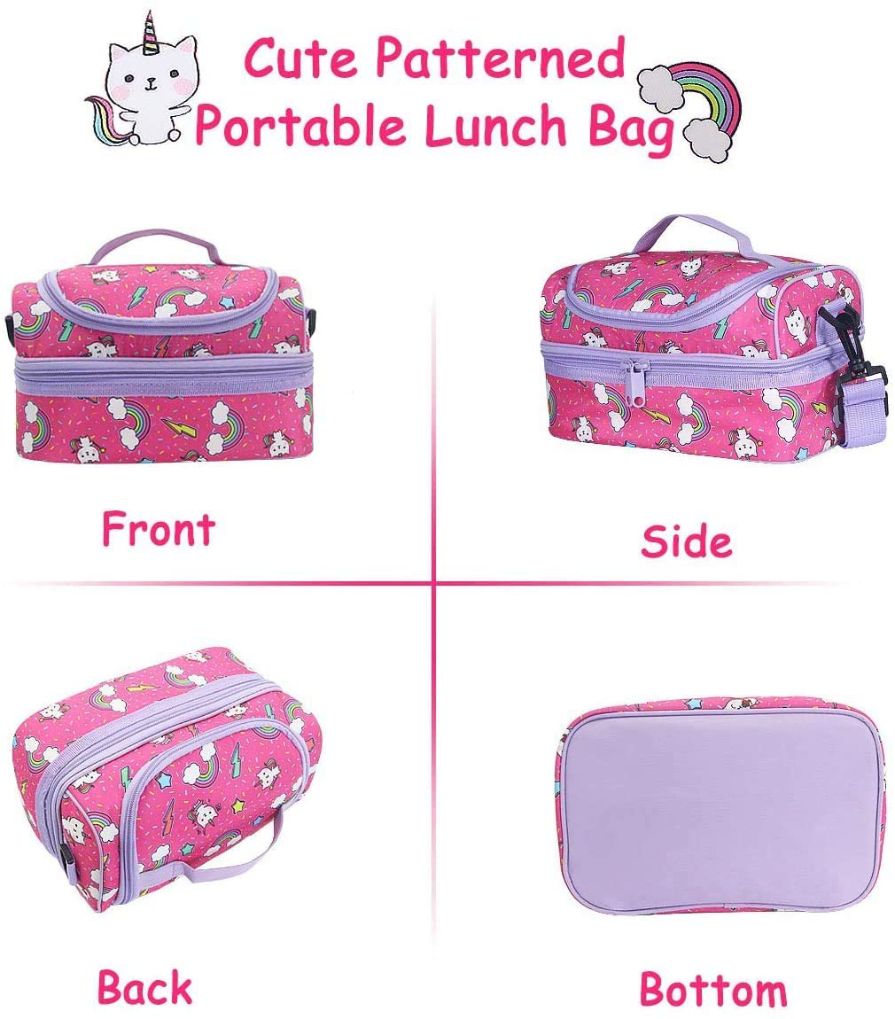 Lunch Box Bag for Boys, Kasqo Insulated Cooler Bag Kids Lunch Tote with Dual Compartments, Black Dinosaur