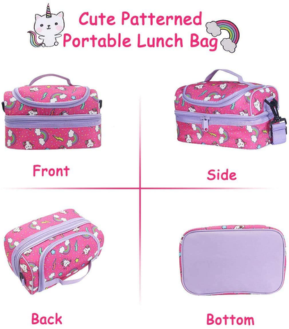 Lunch Box Bag for Boys, Kasqo Insulated Cooler Bag Kids Lunch Tote with Dual Compartments, Black Dinosaur