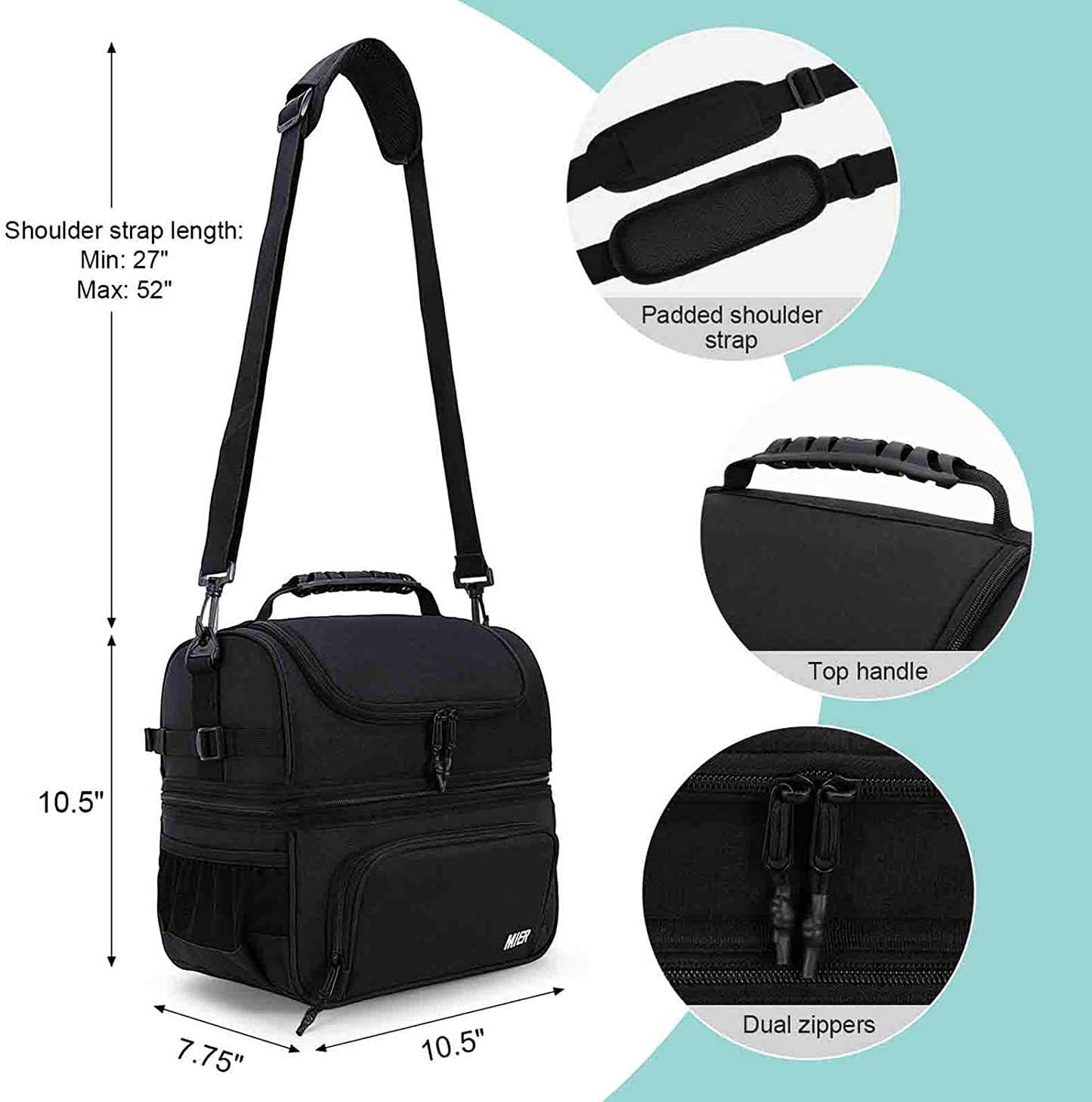 MIER Dual Compartment Lunch Bag Tote with Shoulder Strap for Men and Women Insulated Leakproof Cooler Bag, Grey