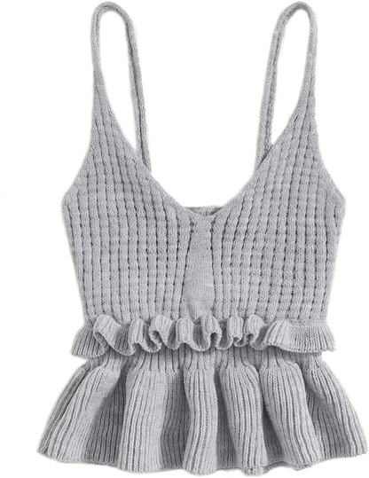SweatyRocks Women's Casual Knit Top Sleeveless Ruffle Hem V Neck Peplum Crop Tank Top