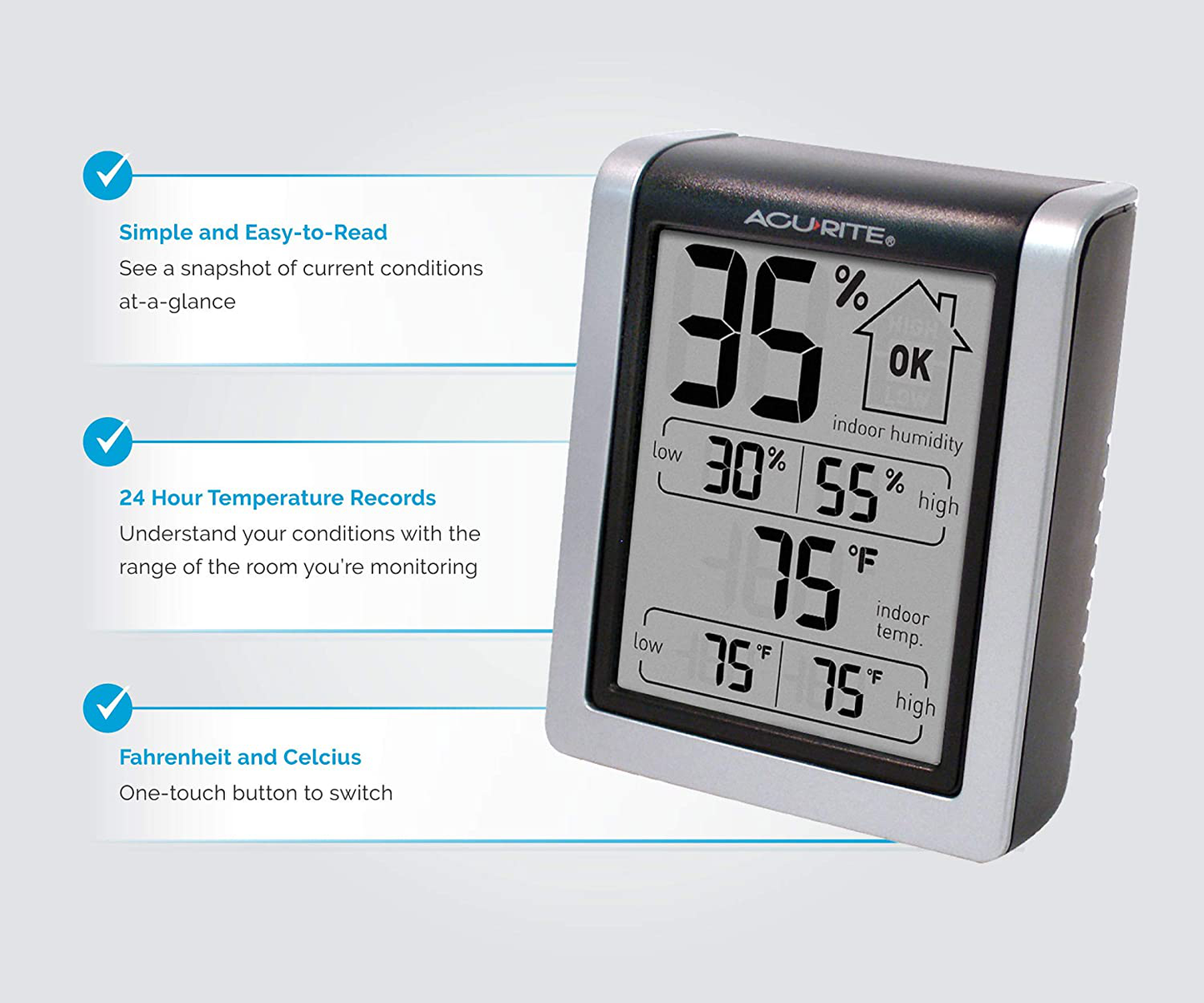 AcuRite 00613 Digital Hygrometer & Indoor Thermometer Pre-Calibrated Humidity Gauge, 3" H x 2.5" W x 1.3" D, Black
