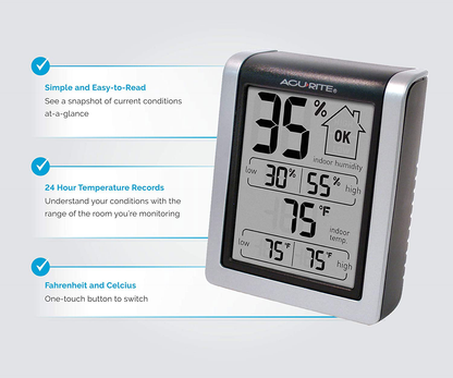 AcuRite 00613 Digital Hygrometer & Indoor Thermometer Pre-Calibrated Humidity Gauge, 3" H x 2.5" W x 1.3" D, Black