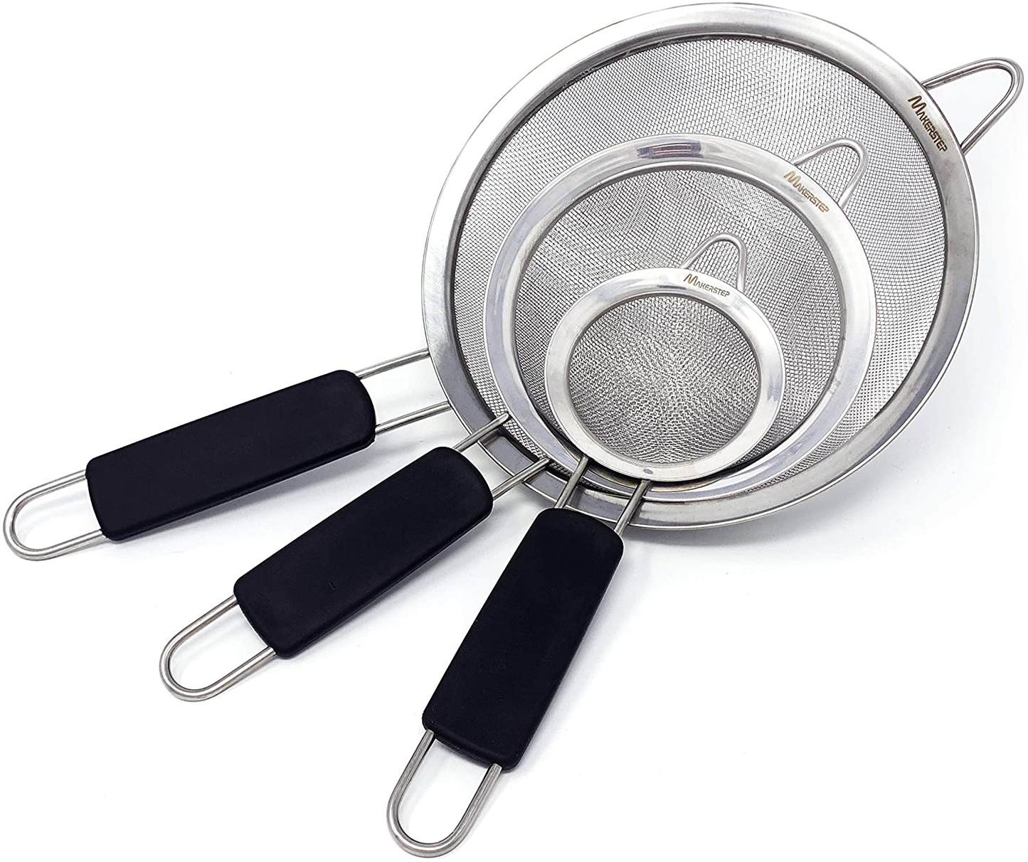 Makerstep Set of 3 Stainless Steel Fine Mesh Strainers. Graduated Sizes 3.38", 5.5", 7.87" Strainer Wire Sieve Sifter with Insulated Handle for Kitchen Tools Gadgets