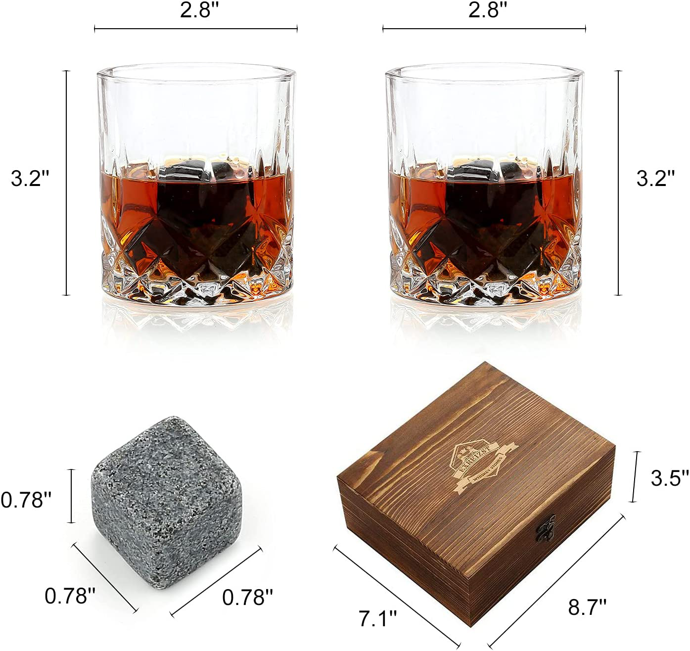 Whiskey Stones Gift Set - Whiskey Glass Set of 2 - Stainless Steel Chilling Whiskey Cubes - Scotch Bourbon Whiskey Glass Gift Box Set - Best Drinking Gift for Men Dad Husband Birthday Holiday Present