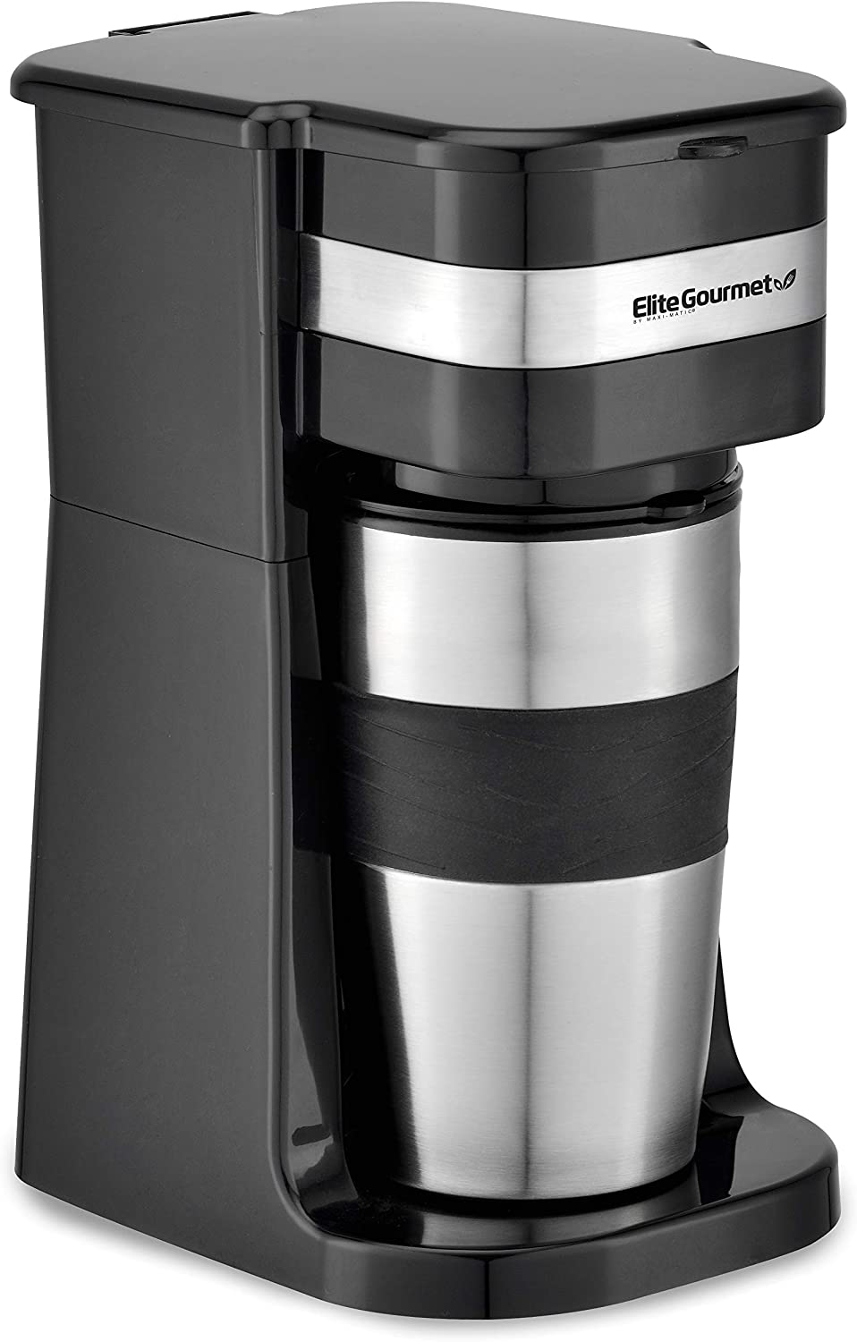 Elite Gourmet EHC111A Maxi-Matic Personal 14oz Single-Serve Compact Coffee Maker Brewer, Includes Stainless Steel Interior Thermal Travel Mug, Compatible with Coffee Grounds, Reusable Filter, Black