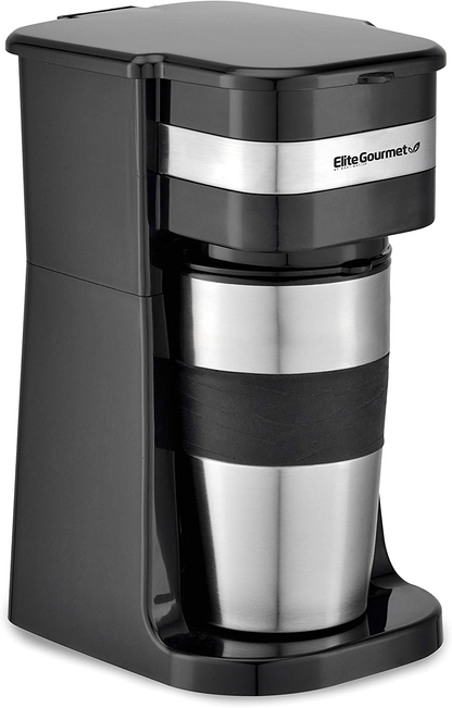 Elite Gourmet EHC111A Maxi-Matic Personal 14oz Single-Serve Compact Coffee Maker Brewer, Includes Stainless Steel Interior Thermal Travel Mug, Compatible with Coffee Grounds, Reusable Filter, Black