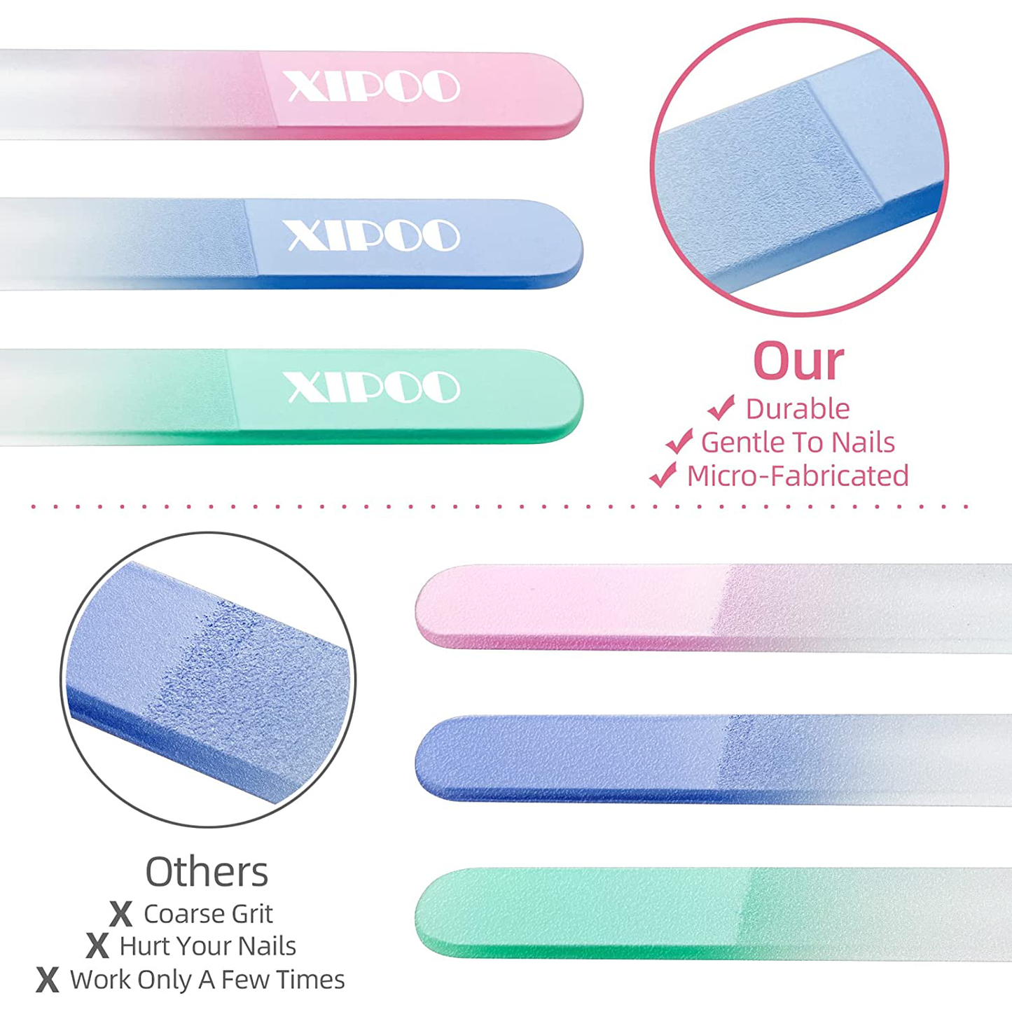 Glass Nail File 3 Pack, Nail File, Glass Nail File with Case, Double Sided Etched Surface Files