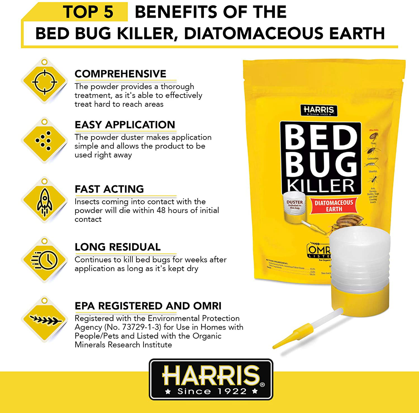 Harris Bed Bug Killer, Diatomaceous Earth (4lb with Duster Included Inside The Bag)