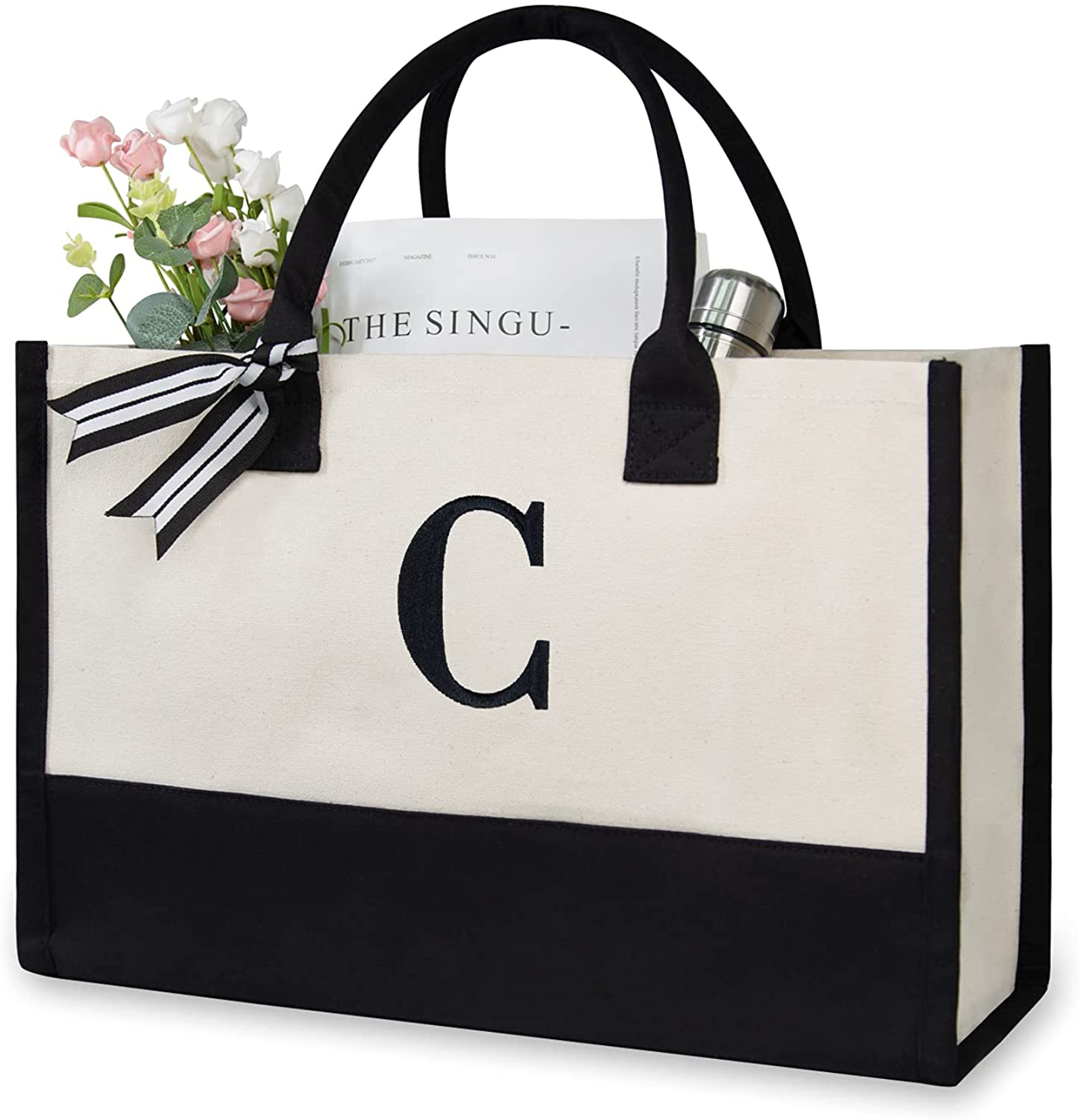 Personalized Initial Canvas Beach Bag, Monogrammed Gift Tote Bag for Women