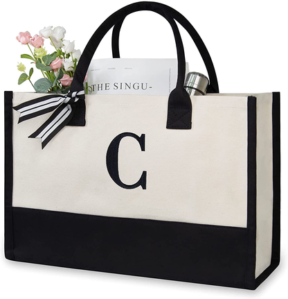 Personalized Initial Canvas Beach Bag, Monogrammed Gift Tote Bag for Women