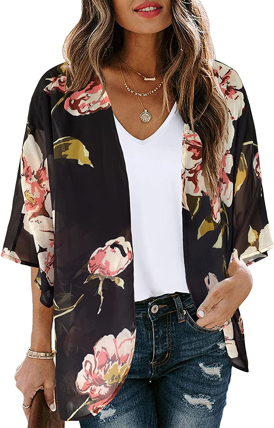 Women's Floral Print Puff Sleeve Kimono Cardigan Loose Cover Up Casual Blouse Tops