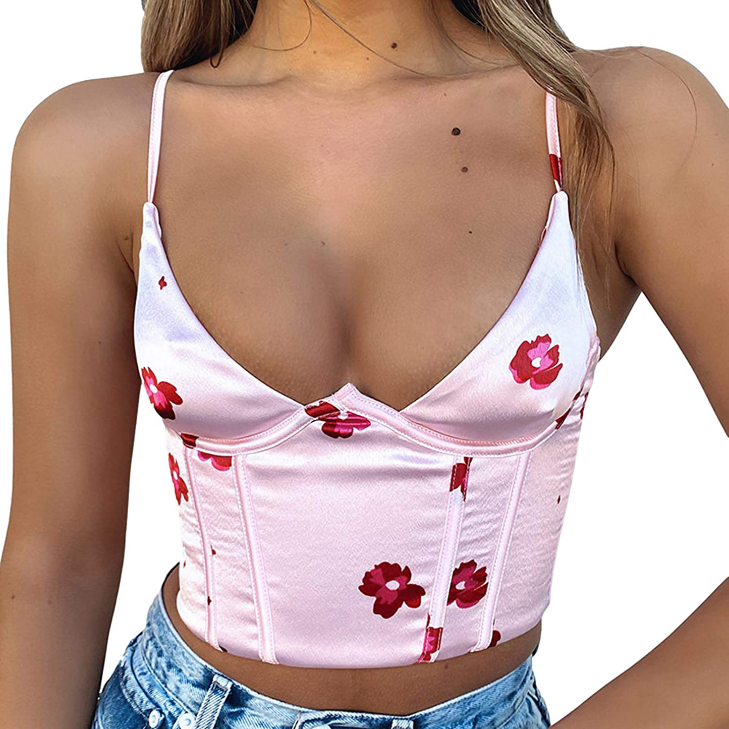 Women Y2K Cropped Tank Tops Sexy V Neck Spaghetti Strap Crop Top Lace Cami Shirt Sleeveless Patchwork Camisole