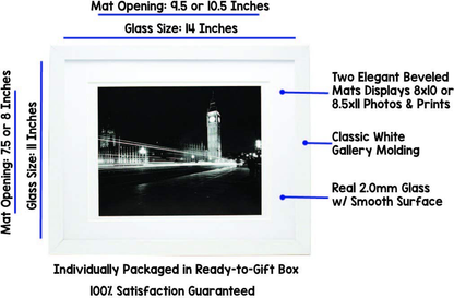 11x14 White Picture Frame with Both 8x10 and 8.5x11 Mats - Wide Molding - Includes Both Attached Hanging Hardware and Desktop Easel - Frames and Mat Display Pictures Documents Certificates
