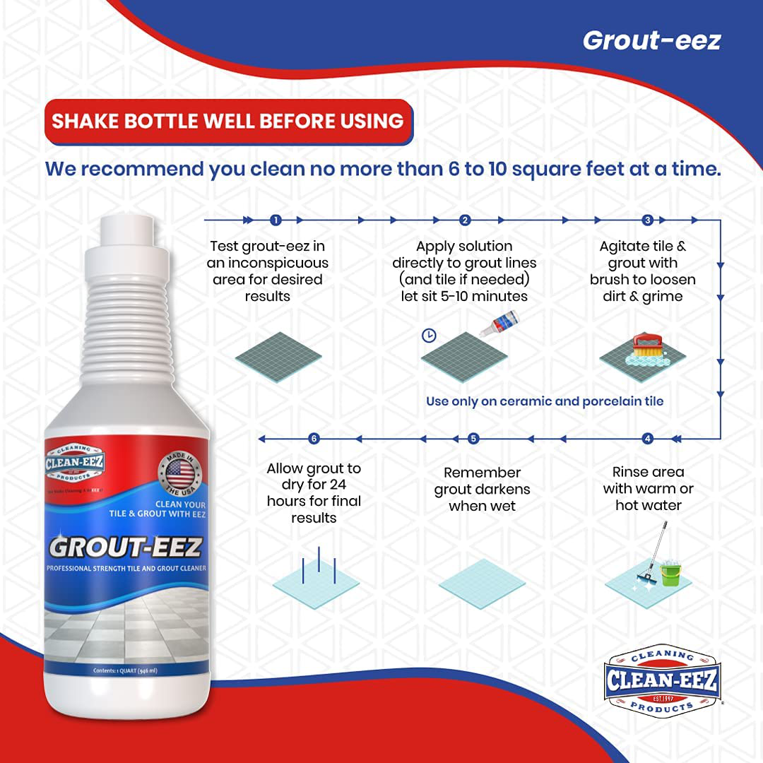 IT JUST WORKS! Grout-Eez Super Heavy Duty Tile & Grout Cleaner and whitener. Quickly Destroys Dirt & Grime. Safe For All Grout. Easy To Use. 2 Pack With FREE Stand-Up Brush. Clean-eez