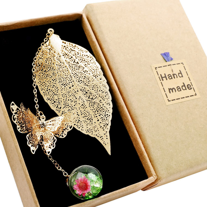 Metal Leaf Bookmark with 3D Butterfly Pendant