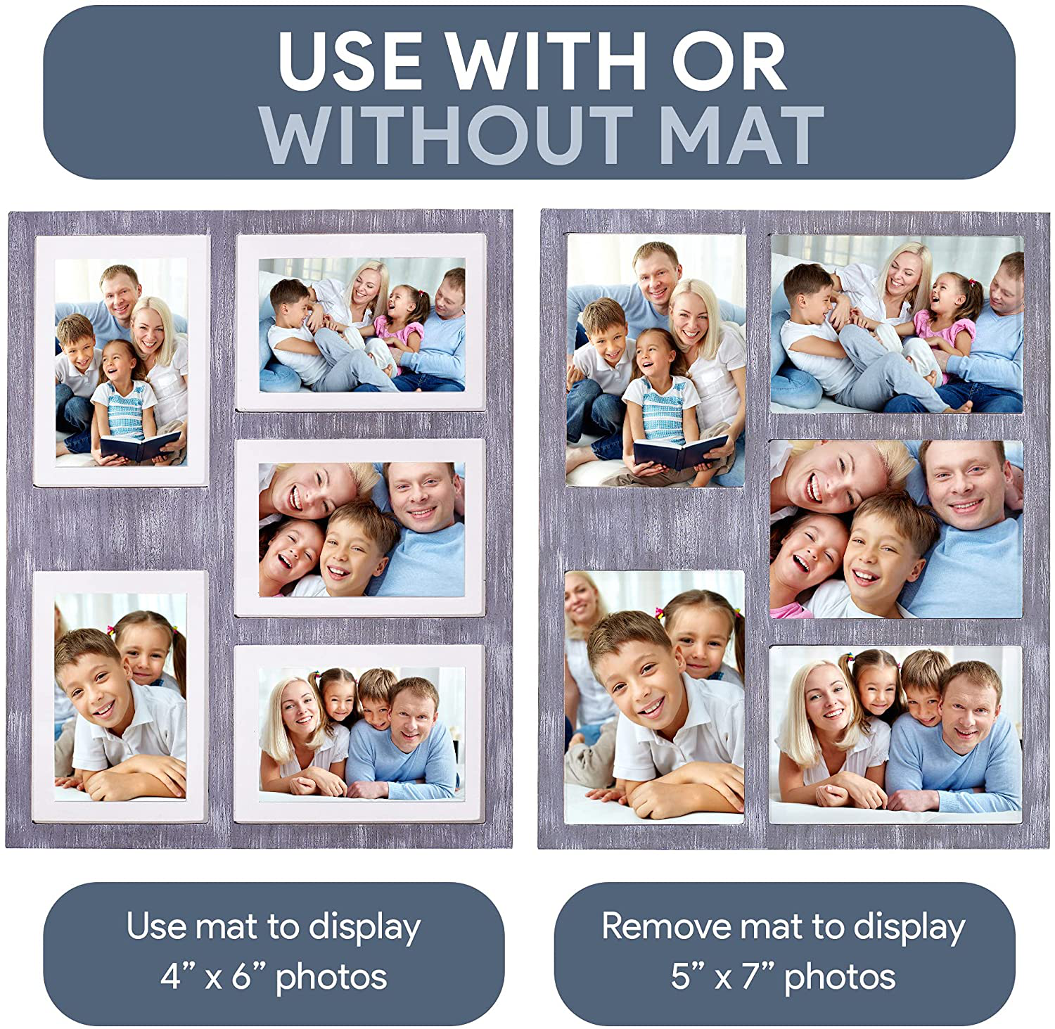 GLM Collage Picture Frames for 4x6 and 5x7 Photos with Glass and Mat, Photo Frame Collage for Wall Holds Five 4x6 Or 5x7 Photos - Picture Frames Collage Rustic Distressed (Gray)