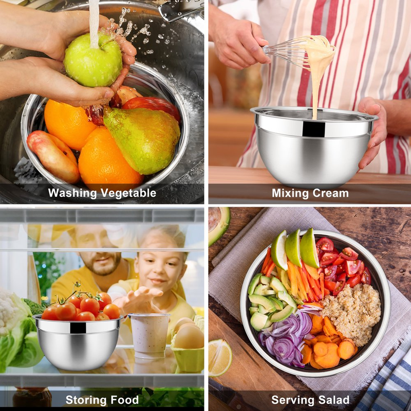 Set of 6 Mixing Bowls with Lids, Stainless Steel Metal Nesting Bowls for Cooking, Baking, Preparing & Serving