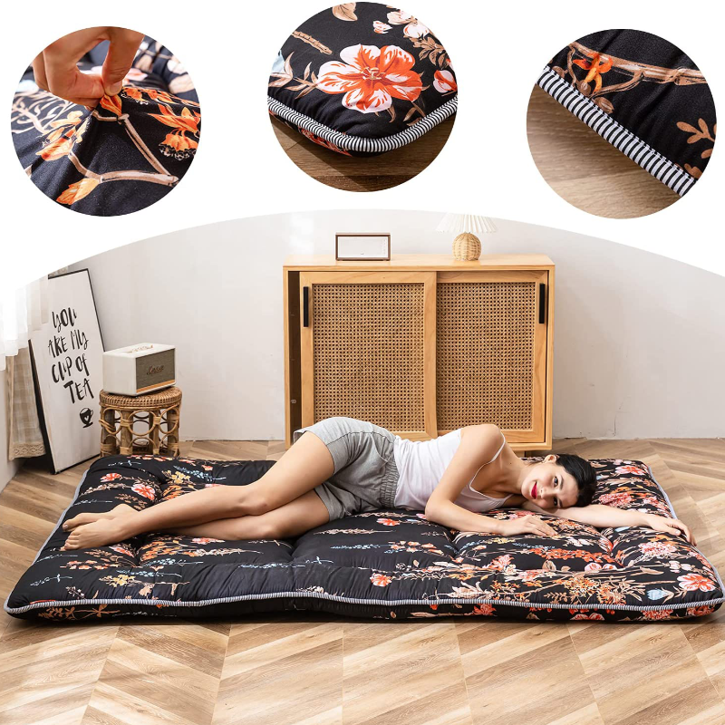 Floral Japanese Futon Floor Mattress, Bed Mattress Topper with Roll Up Design 
