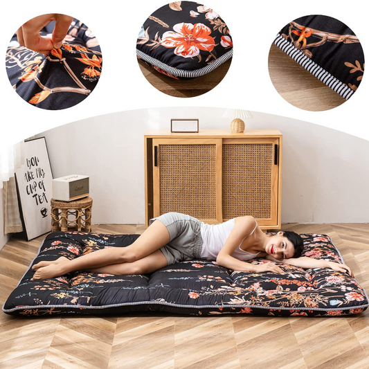 Floral Japanese Futon Floor Mattress, Bed Mattress Topper with Roll Up Design 