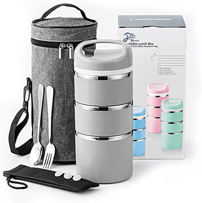 Lille Home Stackable Stainless Steel Thermal Compartment Lunch/Snack Box, 3-Tier Insulated Bento/Food Container with Upgraded Lunch Bag, Portable Cutlery Set and 3 Extra Silicone Seals, 43 OZ, Blue