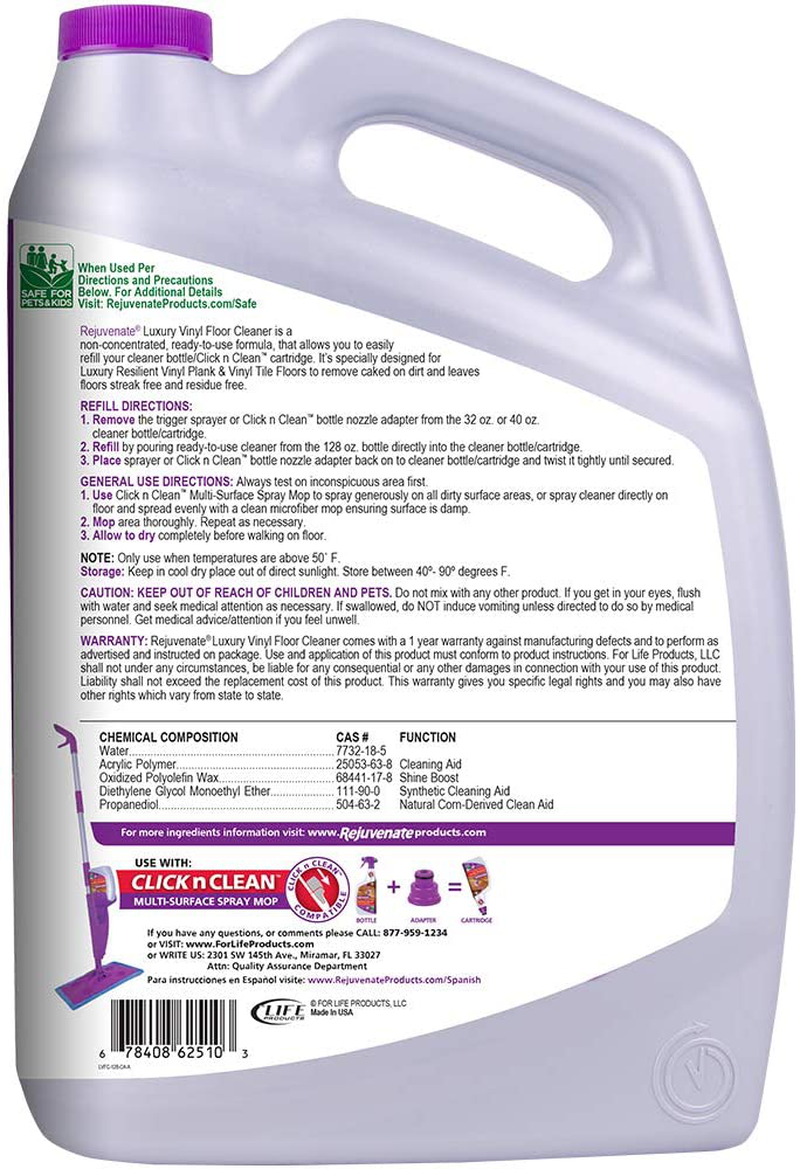 Rejuvenate High Performance Luxury Vinyl Tile Plank Floor Cleaner pH Neutral Formula Doesn't Leave Streaks or Dulling Residue (128oz + 32oz)