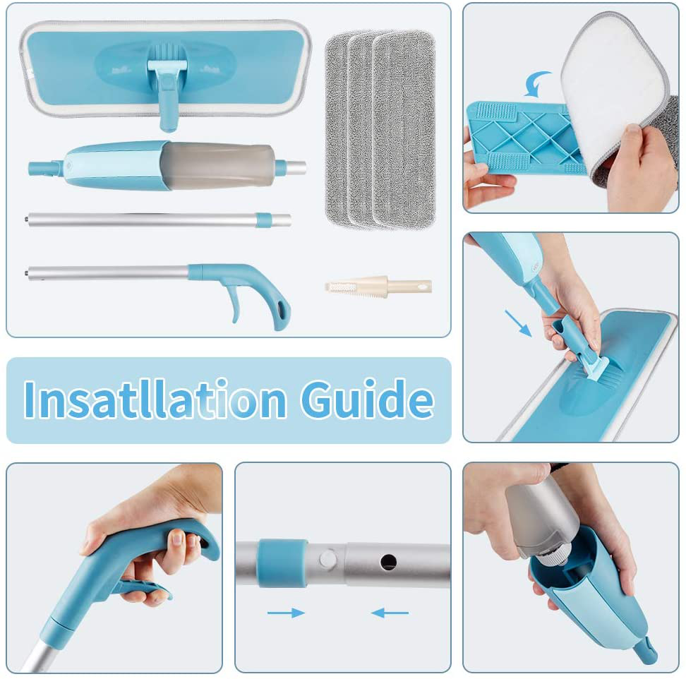 MEXERRIS Microfiber Spray Mop for Floor Cleaning Wet Dry, 360 Degree Spin Microfiber Dust Kitchen Mop with 410ML Refillable Bottle Include 3 Microfiber Reusable Pads and 1 Scrubber