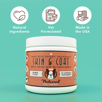 Natural Dog Company Skin & Coat Supplement Chews with Wild Alaskan Salmon Oil, Omega 3 & 6, EPA & DHA, Promotes Healthy Skin and Coat, Salmon & Peas Flavor, 90 Count