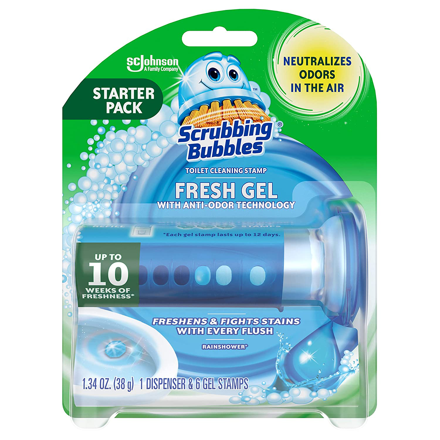 Scrubbing Bubbles Fresh Gel Toilet Bowl Cleaning Stamps, Gel Cleaner, Helps Prevent Limescale and Toilet Rings, Rainshower Scent, 6 Stamps