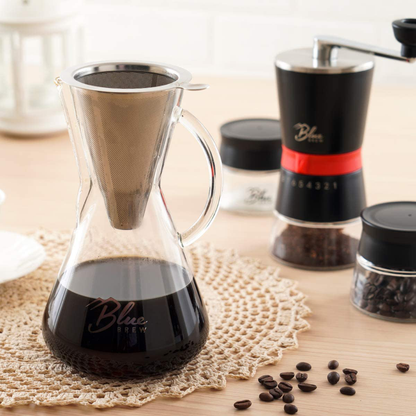 Blue Brew BB1011 Pour Over Brewer - Coffee Maker Carafe w/Permanent Filter - 15oz