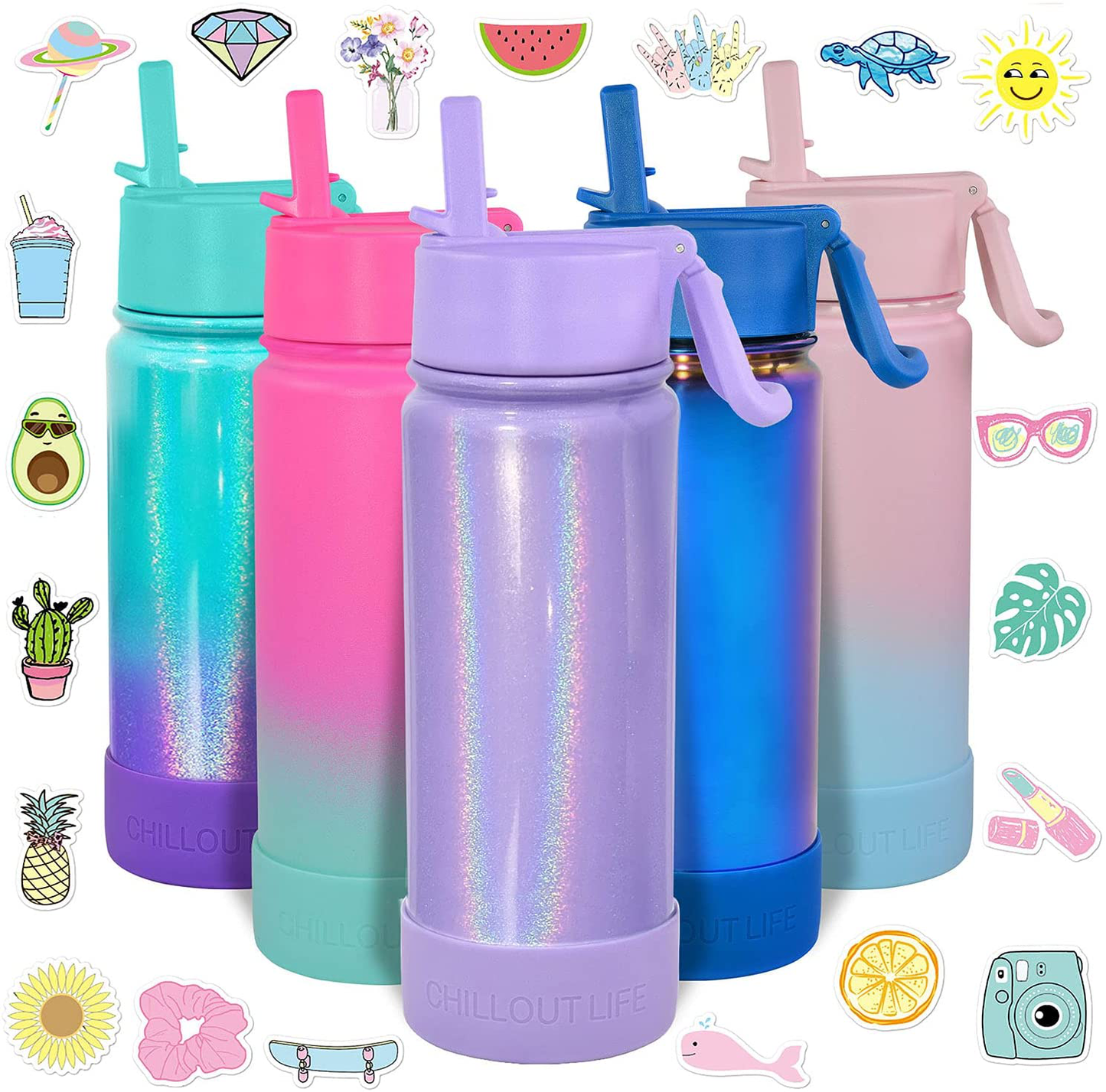 CHILLOUT LIFE 17 oz Insulated Water Bottle with Straw Lid for Kids and Adult + 20 Cute Waterproof Stickers - Perfect for Personalizing Your Kids Metal Water Bottle